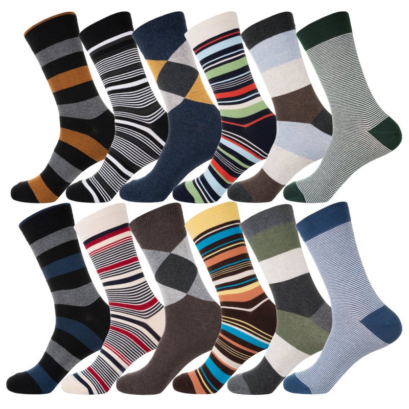 YEJIMONG Menâ€™s 12 Pairs Cotton Colorful Stripe Argyle Designed Business Dress Socks Size 8-12 (Assorted-2) - Image 1